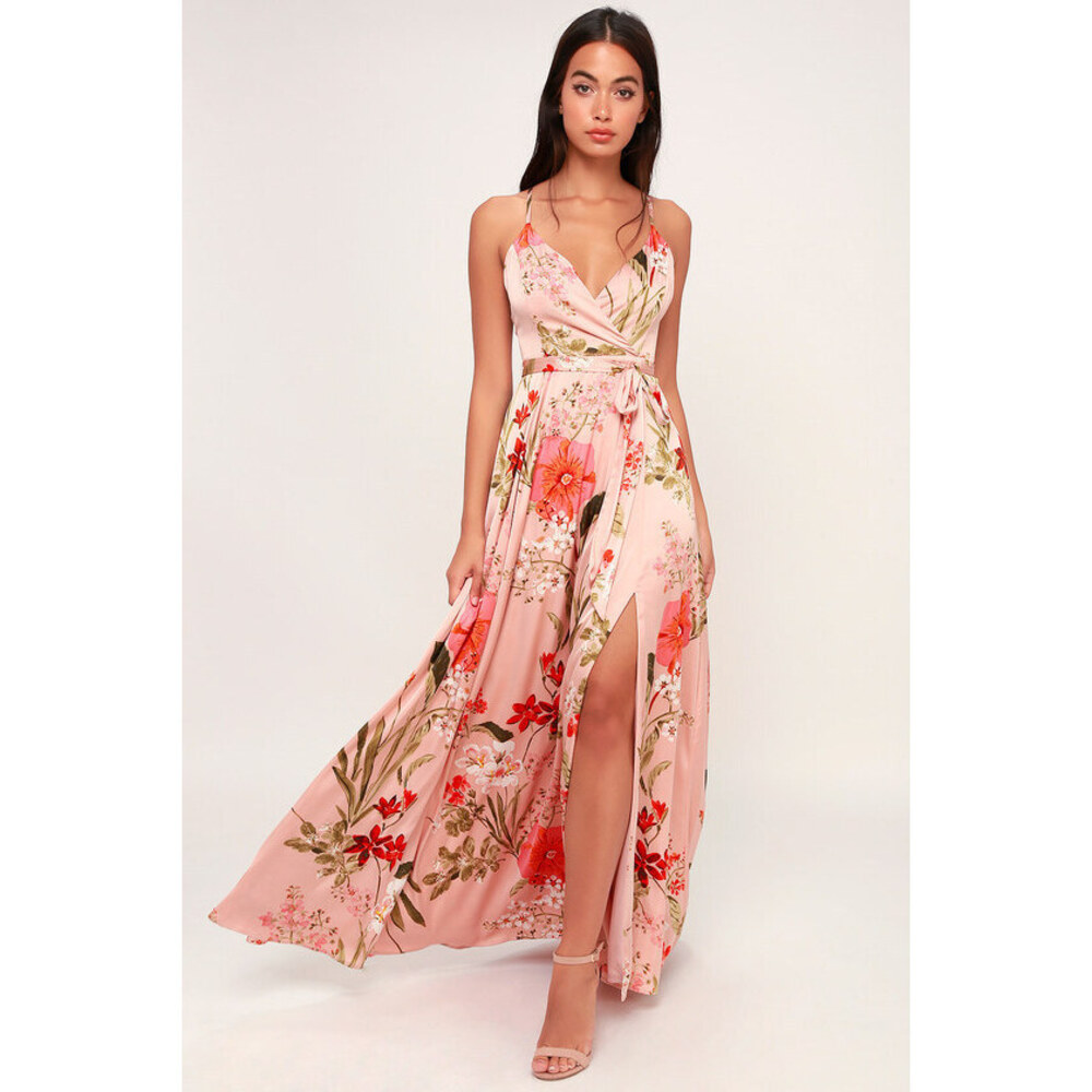 Lulus Still The One Blush Pink Floral Print Satin Maxi Dress - Size S